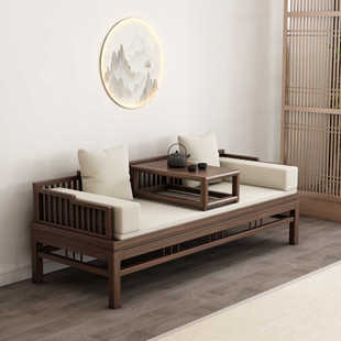 罗汉床老榆木茶桌椅客厅小户型实木简约储物沙发两用推拉床 新中式