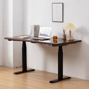 黑胡桃木电动升降桌子家用办公电脑桌实木桌站立式 可调节书桌