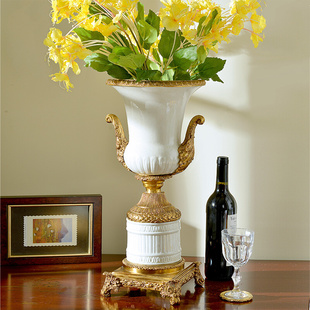 欧式 陶瓷配铜花瓶插花高档家居玄关别墅客厅美式 饰品摆件 花器装
