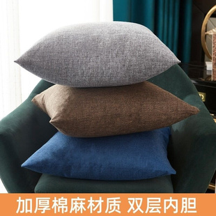 定制素色加厚亚麻抱枕套正方形简约沙发靠办公室布艺腰枕色靠背热