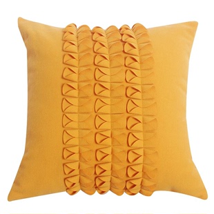 黄色手工立体褶花靠垫靠包现代毛呢沙发方枕 抱枕 北欧样板房软装