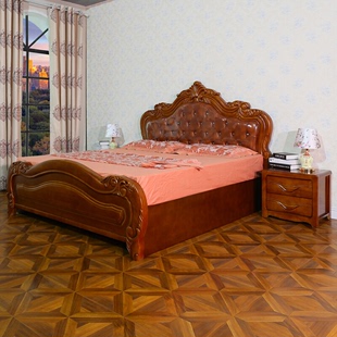 胡桃木色双人床现代简约经济型高箱储物主卧 实木床1.8米中式 新品