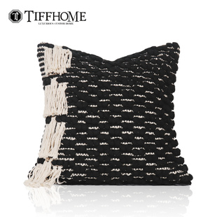 民宿黑白编织几何靠垫 客厅沙发手工方形设计师抱枕样板间侘寂风格