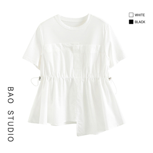 圆领不规则T恤女 小衫 夏季 新款 STUDIO韩系设计感拼接收腰短袖 BAO