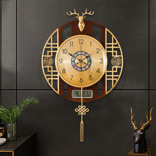新中式 万年历挂钟客厅家用木创意时尚 饰复古大气钟表 静音黄铜墙装