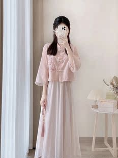新中式 国风盘扣粉色连衣裙女夏季 裙改良旗袍裙子雪纺长裙 两件套装