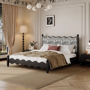 全实木床中古风现代简约复古1.8米软包黑色波浪双人大床主卧婚床