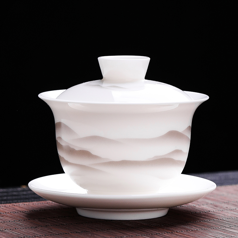 德化羊脂玉白瓷远山三才盖碗茶杯单个陶瓷功夫泡茶茶碗不烫手茶具