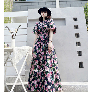 油画风复古玫瑰高级设计感长裙仙 连衣裙2023夏季 新款 女装 长款 法式