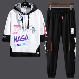 NASA联名旗舰店春夏潮流连帽t恤男套装 假两件印花七分袖 上衣长裤