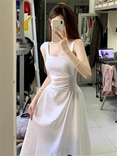 白色吊带连衣裙女2024夏季 韩系初春法式 小个子初恋收腰长裙 新款