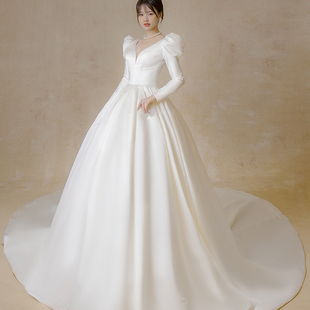 韩式 主婚纱2022新款 缎面宫廷风迎宾礼服显瘦遮手臂女 气质简约长袖
