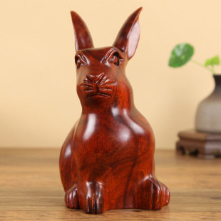 红木花梨木工艺品东阳木雕摆件实木可爱十二12生肖兔子