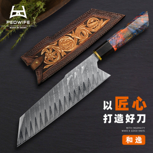 大马士革钢手工三德刀 8英寸稳定木日式 厨师刀锋利切肉刀刺身刀