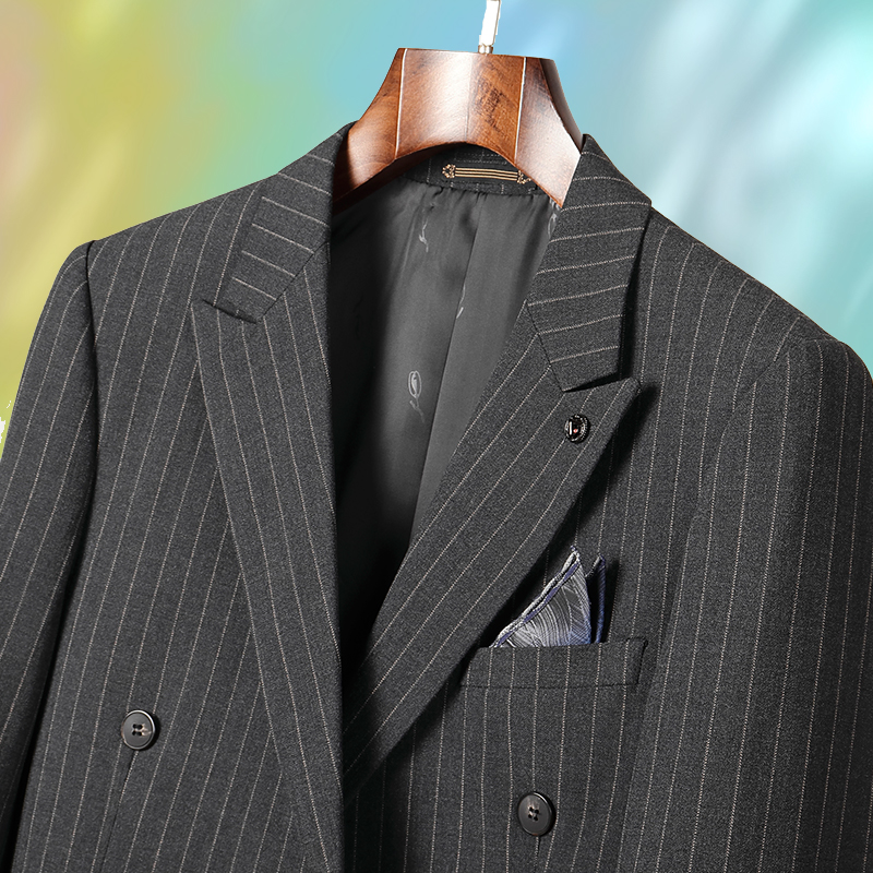 精纺高端商务羊毛条纹西装 正装 男宽松双排扣戗驳领大码 两件套 套装