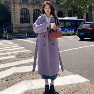 紫色双面羊绒呢大衣2023年秋冬新款 韩版 系带毛呢外套女 宽松中长款