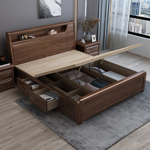 高箱储物 木实中床1.8米主卧p现代简.2米x2约2米双人床木式
