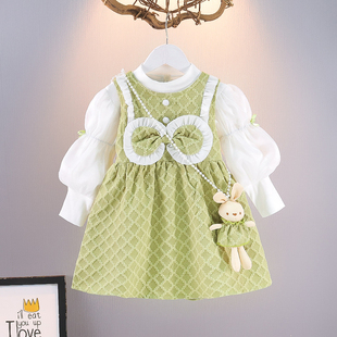 潮 洋气连衣裙时尚 套装 婴儿绿色公主裙韩系童装 宝宝长袖 女童春秋装