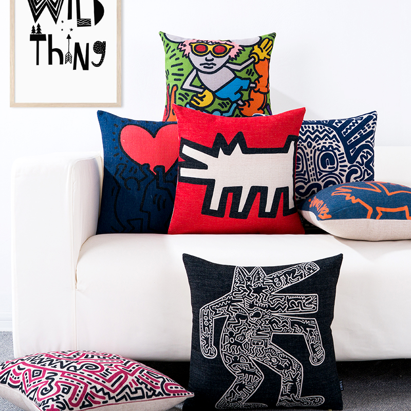Haring名画现代创意简约北欧棉麻沙发靠垫抱枕靠枕 凯斯哈林Keith