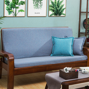 通用防滑 麻布实木红木沙发坐垫带靠背高密度海绵加厚简约现代四季