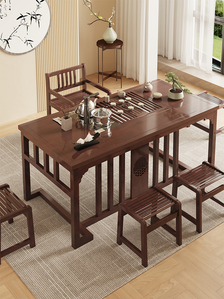 新款 新中式 一体家用小户型泡 阳台茶桌椅组合实木办公茶台功夫套装