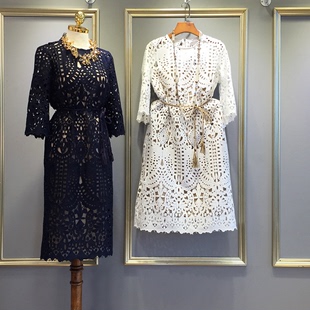 新款 连衣裙蕾丝两件套镂空2022七分袖 中长款 气质优雅吊带长裙 法式
