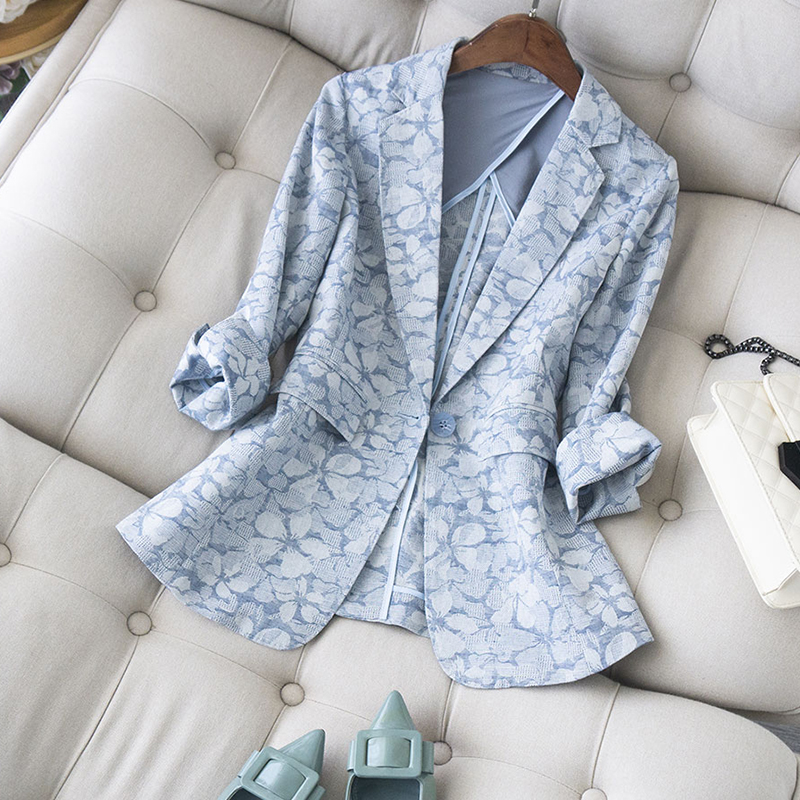 外套女 提花棉麻西服高级感通勤修身 上衣时尚 休闲蓝色西装 薄款 夏季