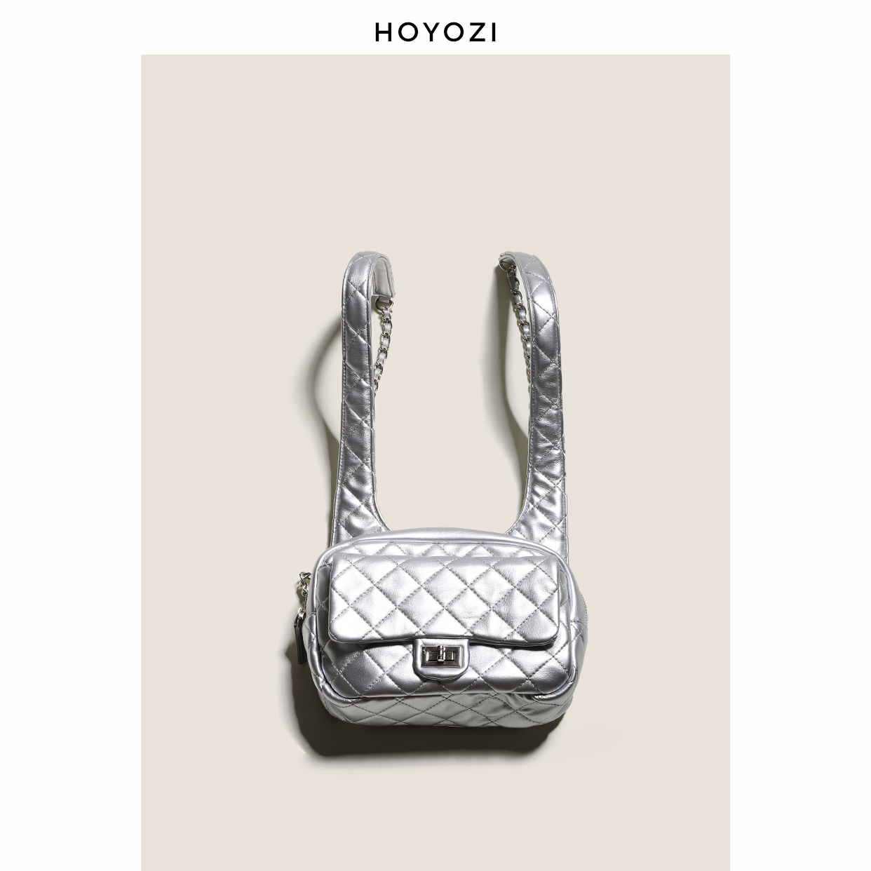 时尚 HOYOZI银色菱格双肩包女2024新款 背包链条包包 小优家包包