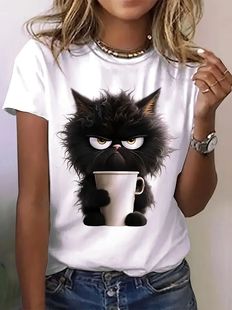 短袖 Women Shirt T恤 可爱卡通猫咪印花时尚 Cat 跨境热卖 Black