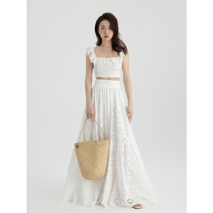 裙高级感小个子轻熟风气质白色上衣半身长裙 两件套装 签儿蕾丝法式