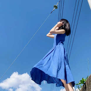 今年流行漂亮裙子新款 小个子海边度假法式 连衣裙女夏 气质蓝色无袖