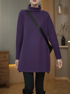 紫色中长款 打底衫 加厚保暖长袖 高领卫衣女遮屁股T恤洋气减龄时尚