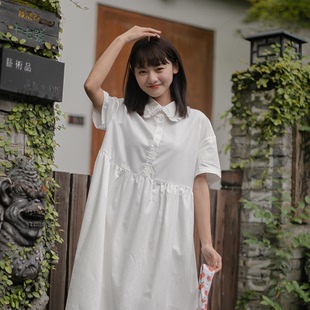 角舍2024夏季 裙白色短袖 仙女范娃娃领衬衫 连衣裙日系文艺长裙 新款