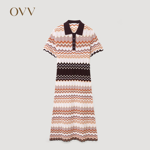 OVV2024春夏新款 女装 连衣裙 镂空撞色几何POLO领针织短袖