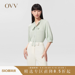衬衫 OVV22春夏新款 女装 22MM双乔桑蚕丝褶裥飘带短袖 重磅真丝