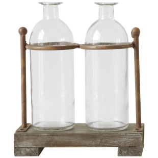 花开了 美式 3瓶 复古做旧客厅插花摆件 木制底座铁木玻璃花瓶2瓶