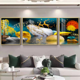 客厅装 饰画沙发背景墙画高端大气晶瓷镶钻三联画壁画现代简约挂画