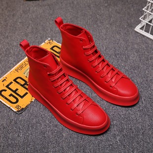 名牌高端优质男式 子中国红运动高帮鞋 大红鞋 靴子男 红色本命年男鞋