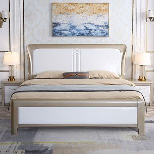 现代简约实木床1.5米双人主卧1.8米经济型储物高箱单人卧室白色床