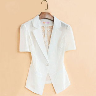韩版 蕾丝网纱西服小披肩外搭 白色短袖 薄款 西装 短款 夏季 女外套修身