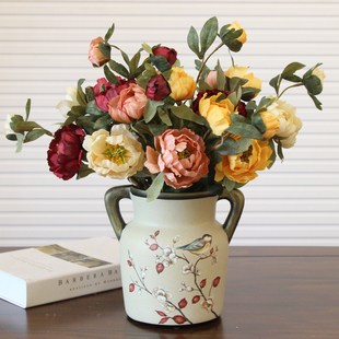 欧式 美式 茶几陶瓷花瓶摆件 复古双耳花瓶花艺 餐桌装 新中式 饰花瓶