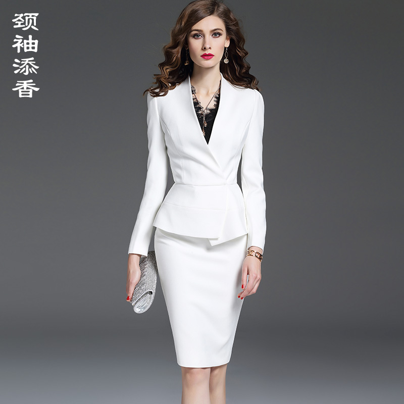 裙女 白色气质上班正装 小西装 半身裙职业套装 添香2023秋季 颈袖