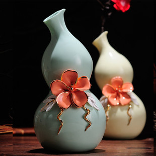 博古架中式 陶瓷葫芦花瓶摆件酒柜客厅插花装 古风饰品 饰房间寝室
