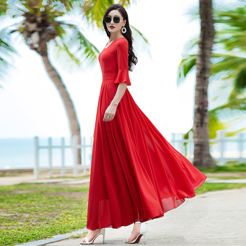 收腰显瘦气质雪纺遮肉大摆沙滩长裙超仙 新款 红色连衣裙女2024夏季