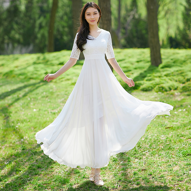 v领2024新款 大摆雪纺连衣裙法式 气质白色蕾丝长裙长款 时尚