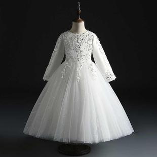 公主裙女童蓬蓬纱生日白色长袖 儿童小女孩婚礼花童礼服钢琴演出服