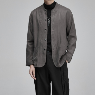 高品质天丝 无领灰色和黑色宽松单西夹克外套日式 休闲山本风西装