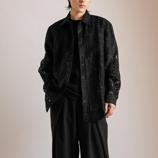 三木公白 复古镂空花衬衫 男设计感小众 日系宽松黑色衬衣外套高级