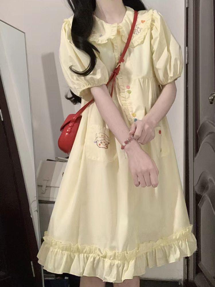 收腰长裙子 小个子可爱甜美学院风泡泡袖 奶黄色娃娃领连衣裙女夏季