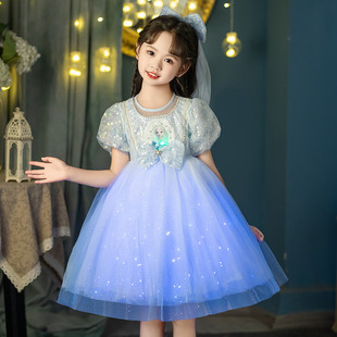 艾沙儿童蓬蓬裙子 新款 冰雪奇缘发光爱莎公主裙女童连衣裙2024夏季
